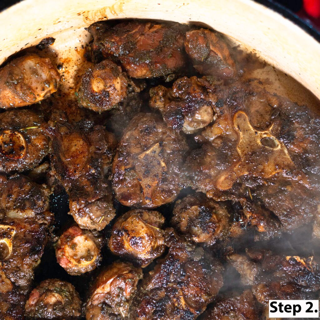 browning oxtail before braising for Jamaican oxtail recipe