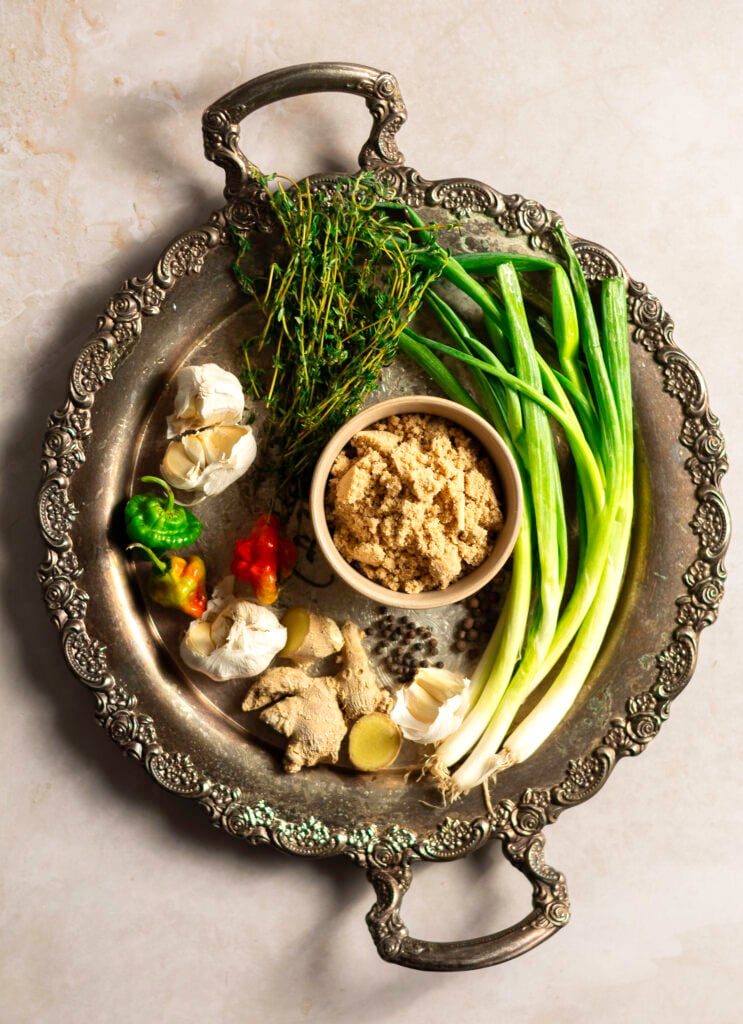 ingredients for jamaican jerk rub seasoning - scallions, thyme, allspice, garlic, scotch bonnet peppers, black peppercorns, ginger