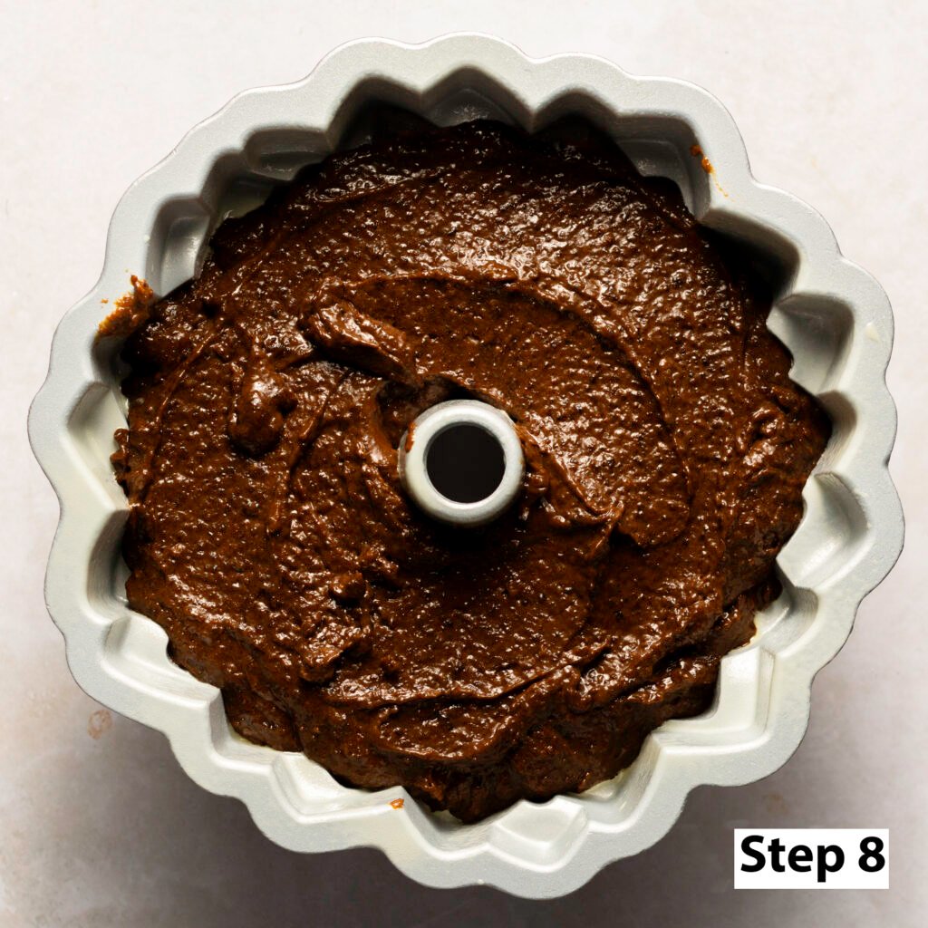 Jamaican black cake batter in a nordic ware blossom bundt pan