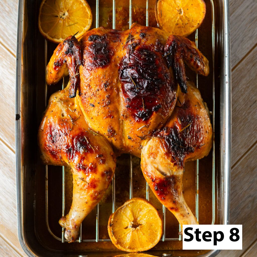 spatchcocked and whole roasted orange maple chicken on a rack in a roasting pan