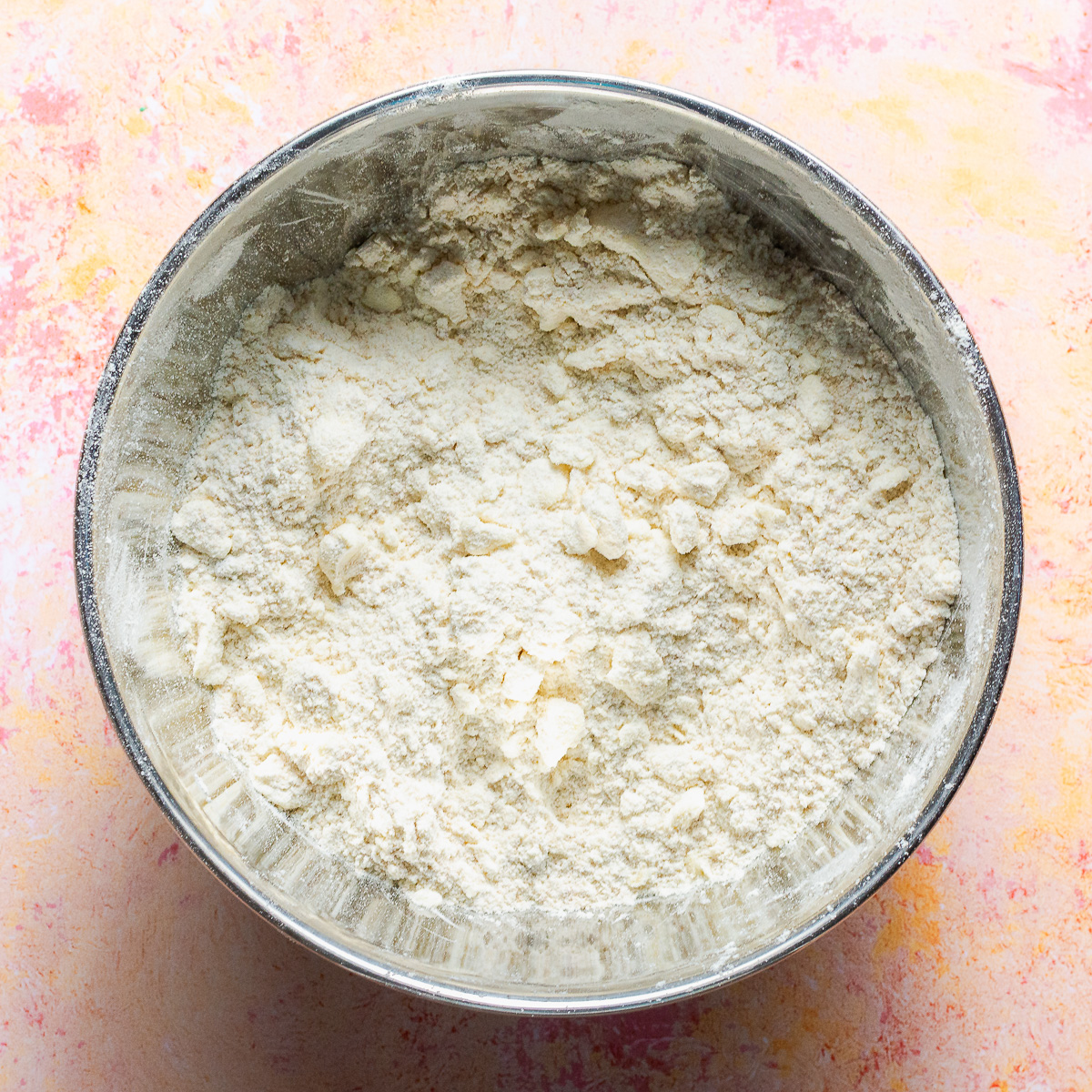 butter rubbed into flour in a bowl.