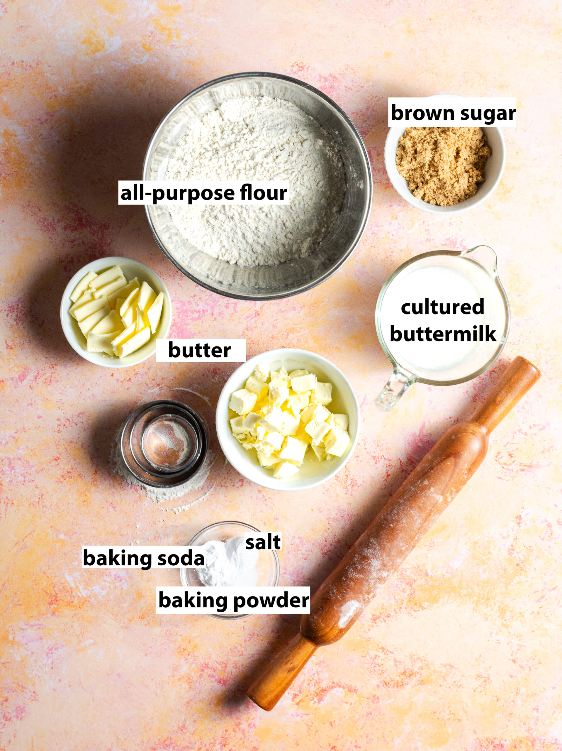 ingredients for easy flaky buttermilk biscuits - all-purpose flourm brown sugar, cultured buttermilk, butter, salt, baking powder, baking soda.