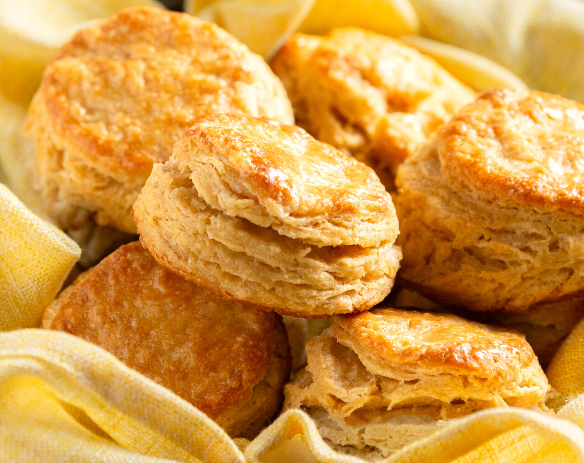 flaky buttermilk biscuits in a pan lined with a yellow kitchen towel