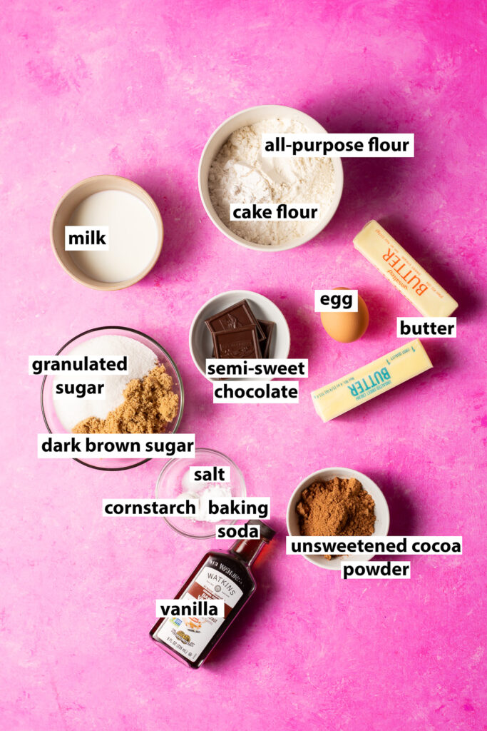 ingredients for chocolate lava cookies - all-purpose flour, cake flour, egg, butter, unsweetened cocoa powder, semi-sweet chocolate, granulated sugar, dark brown sugar, milk, vanilla extract