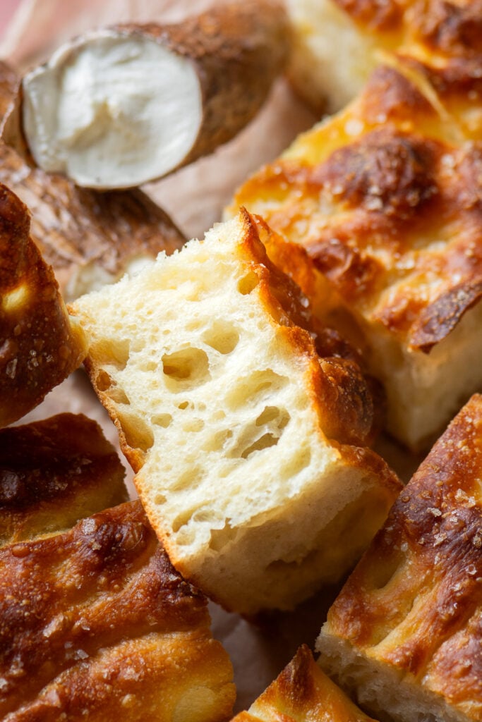 cassava focaccia sliced into squares