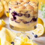 lemon-blueberry banana pudding in a glass trifle dish
