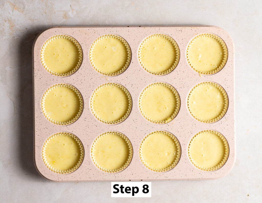 lemon cupcake batter in cupcake tray