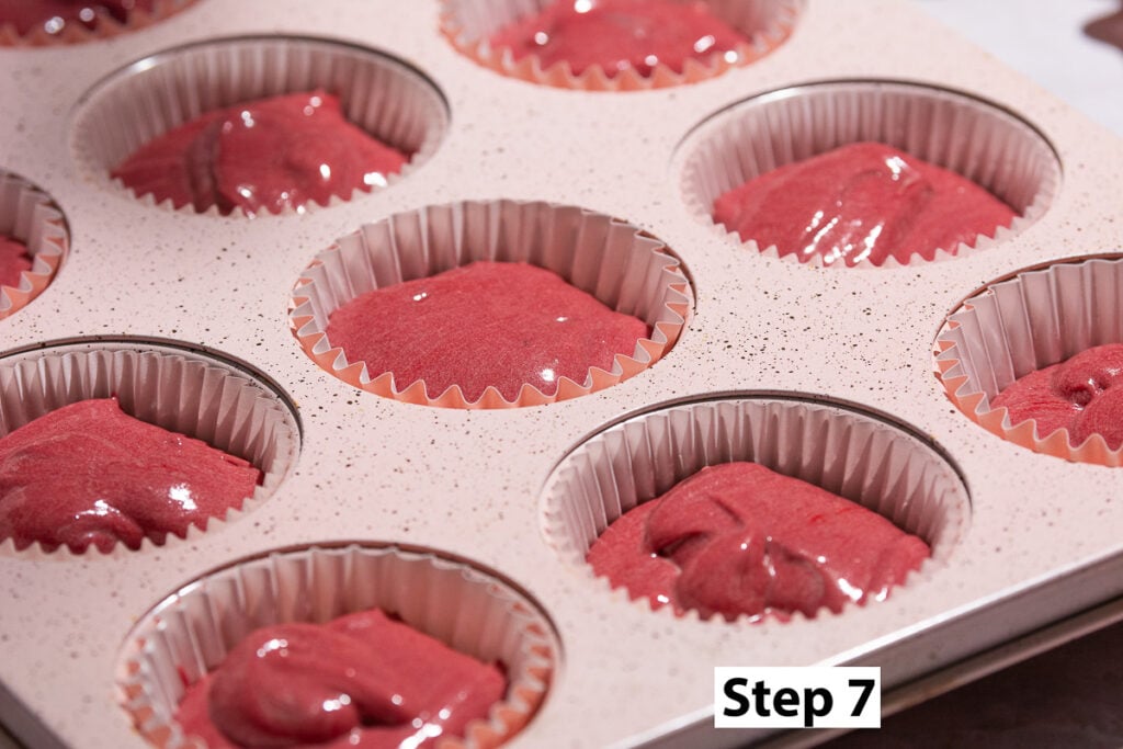 red velvet cake batter in cupcake pan