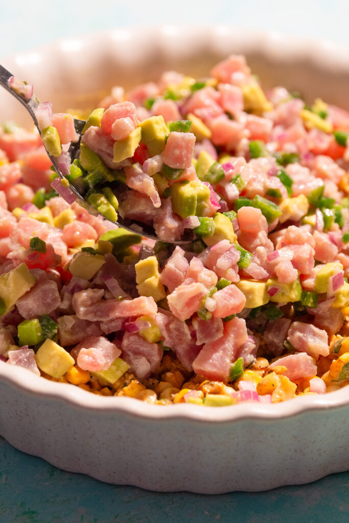 3-layer mexican dip with tuna ceviche, corn esquites & guacamole