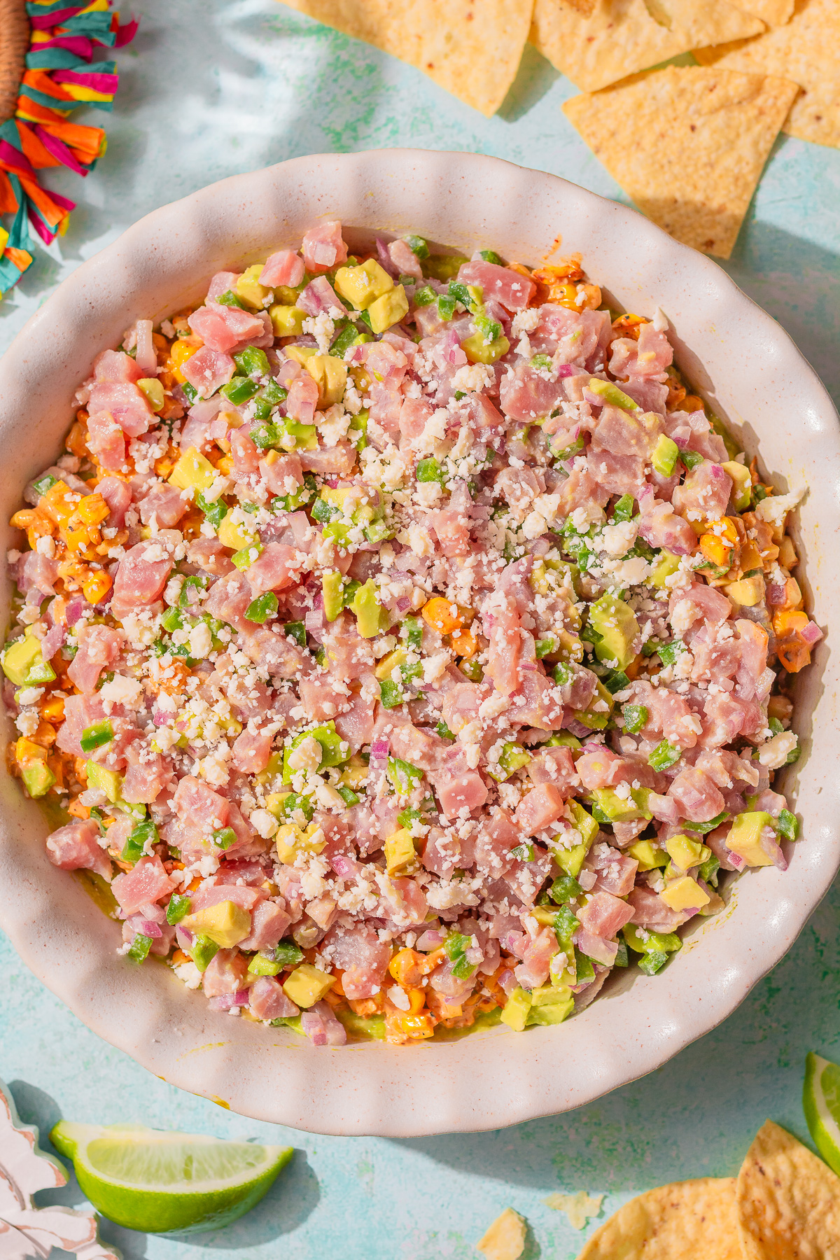 3-layer mexican dip with tuna ceviche, corn esquites & guacamole