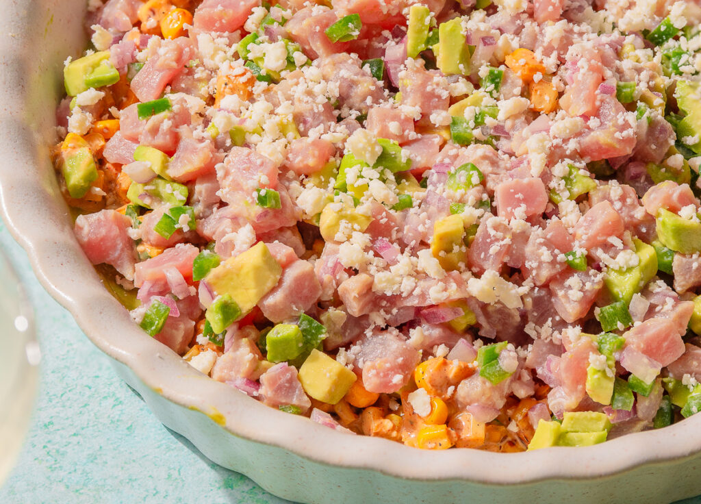 3-layer mexican dip with tuna ceviche, corn esquites & guacamole