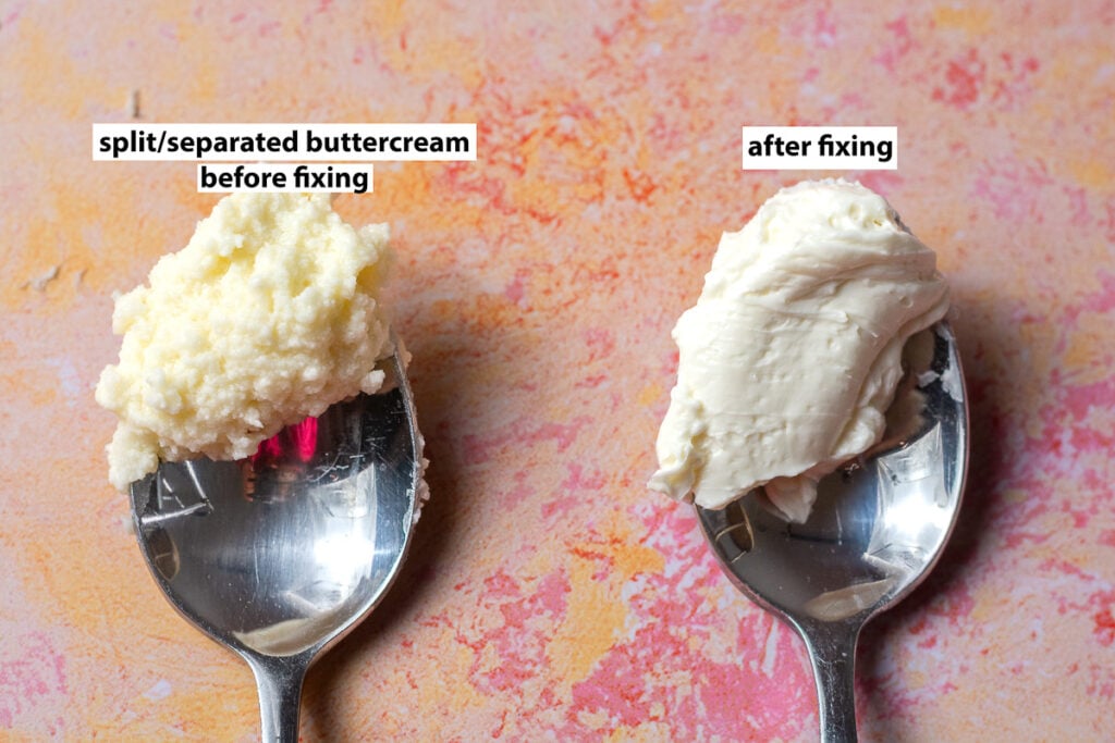 separated buttercream on a spoon next to buttercream that has been fixed on a spoon