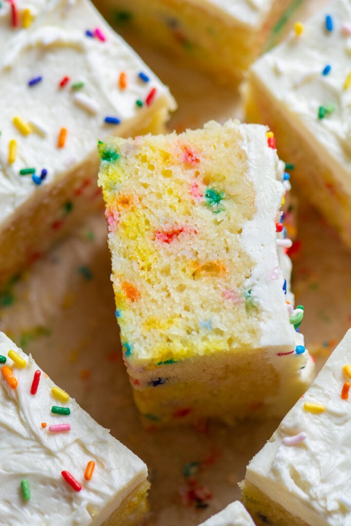 square of funfetti snack cake on its side