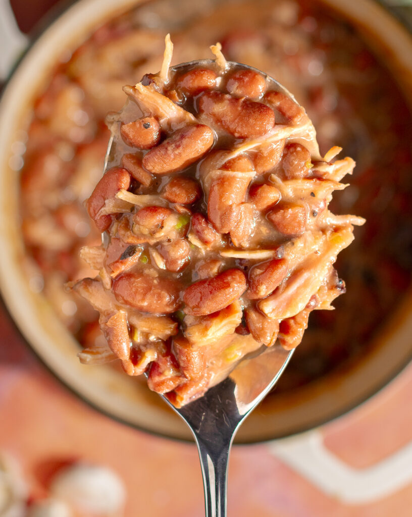 spoon of southern-style red beans with threads of smoked turkey meat