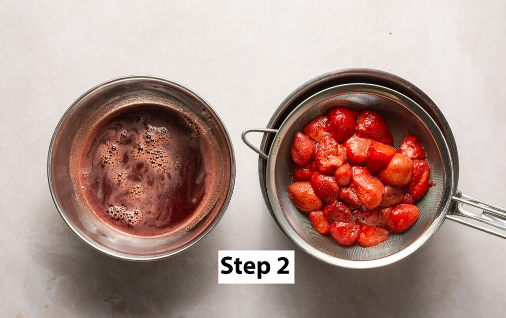 strained strawberry syrup and strawberry chunks in separate bowls