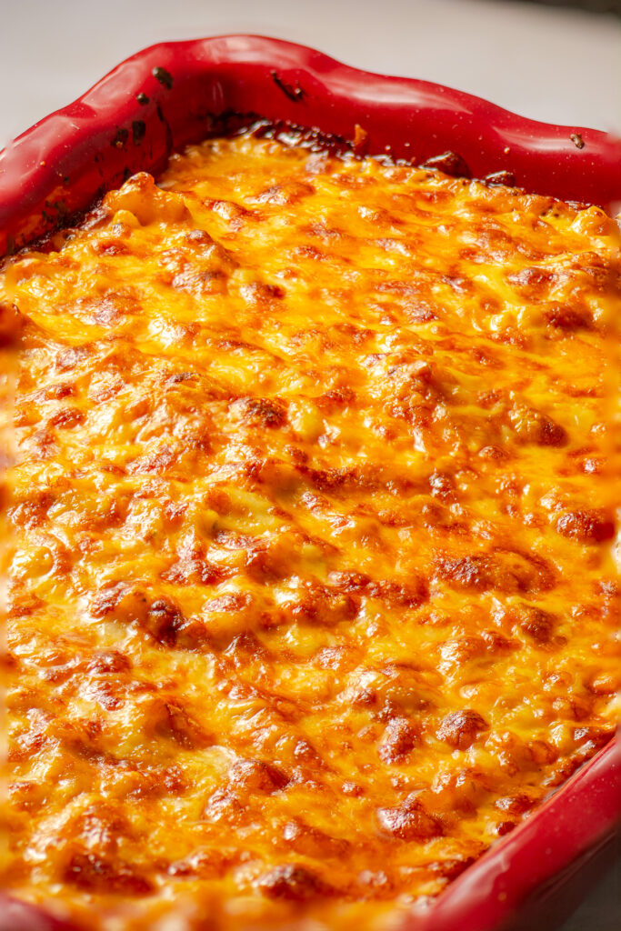 baked mac & cheese in a casserole dish