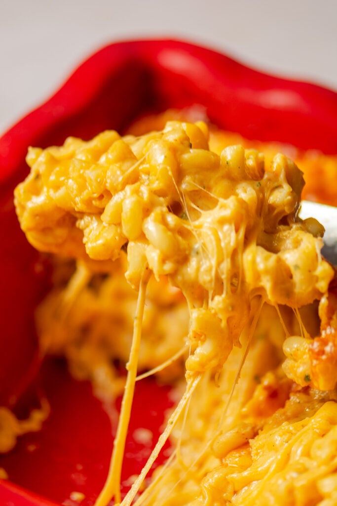 scoop of baked mac & cheese on a spoon