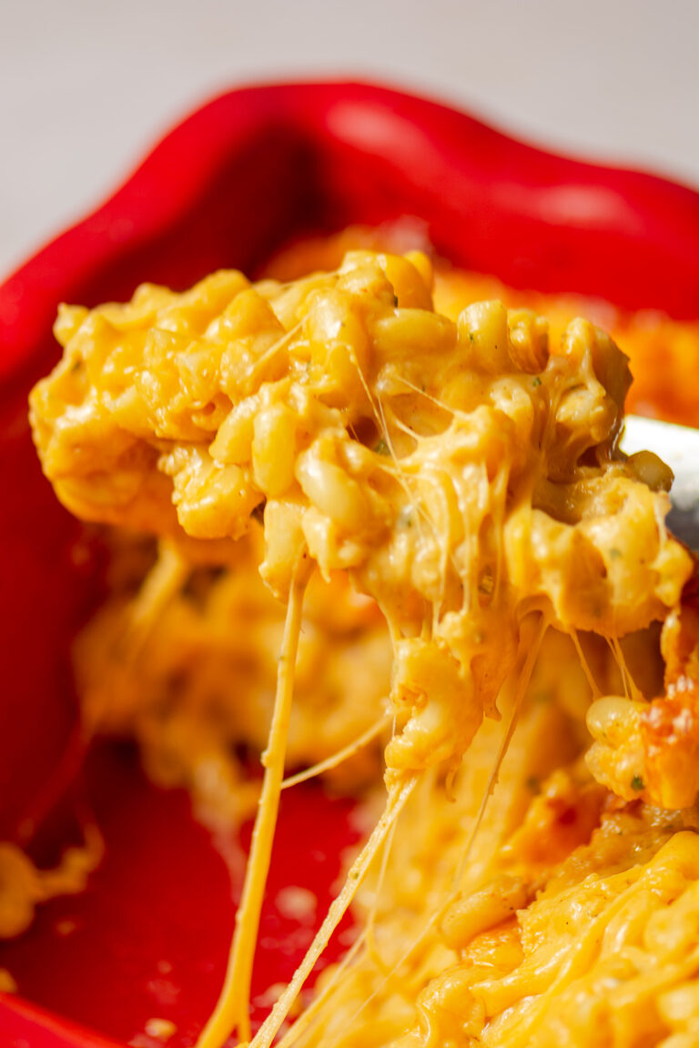 scoop of baked mac & cheese on a spoon