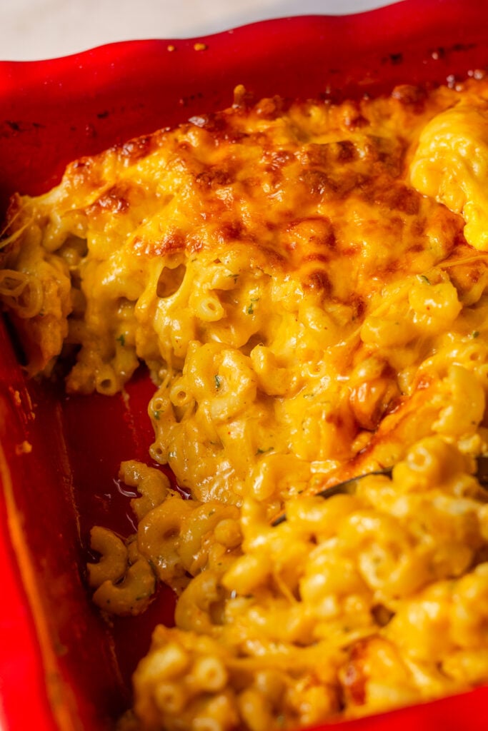 baked mac & cheese in a casserole dish
