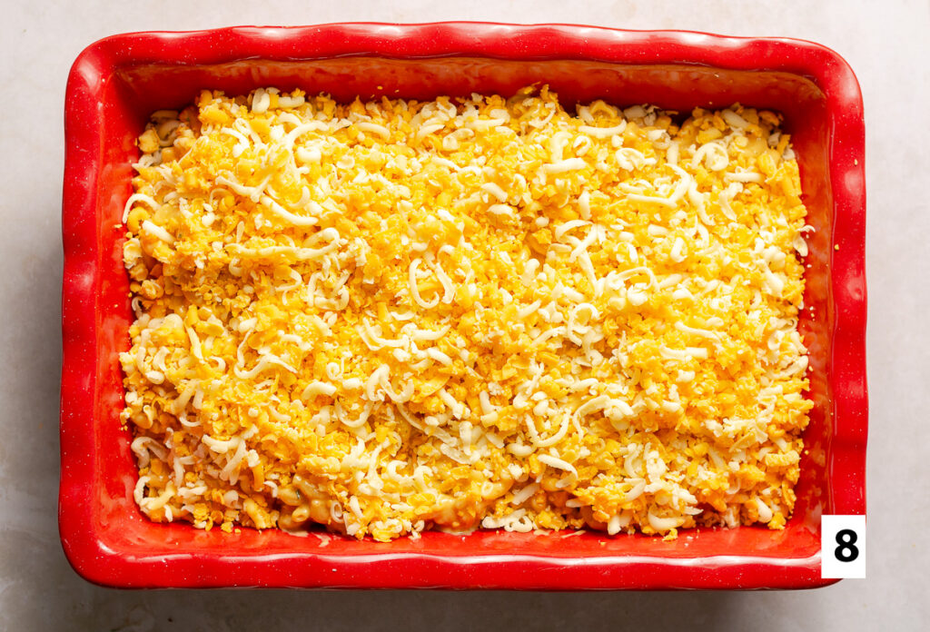 layering shredded cheese in a casserole dish with cheesy elbow macaroni for a baked mac & cheese
