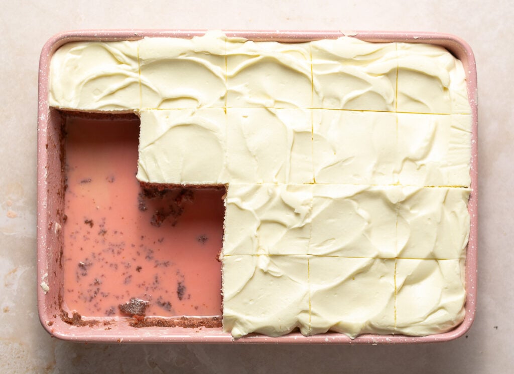 red velvet cheesecake tres leches in a baking pan