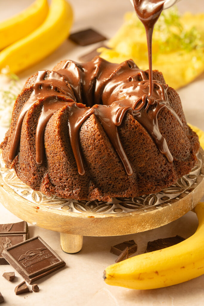 chocolate banana marble bundt cake with chocolate glaze