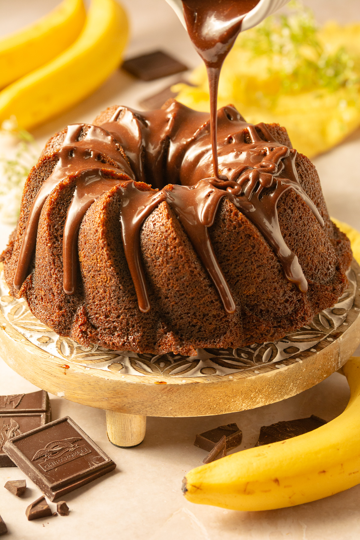 chocolate banana marble bundt cake with chocolate glaze