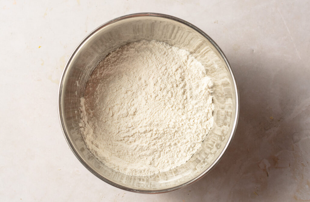 all-purpose flour, salt, baking soda & baking powder mixed in a bowl