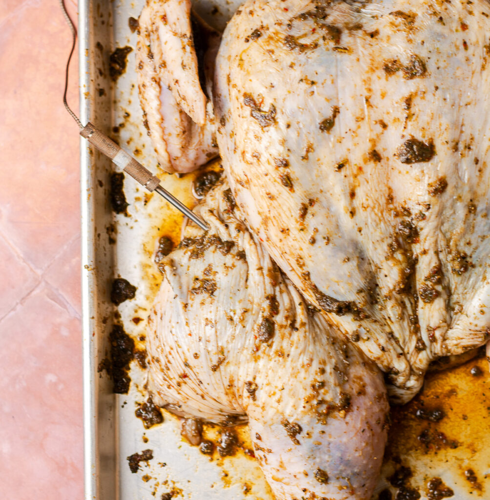meat thermometer inserted in the thigh of a seasoned whole roaster chicken