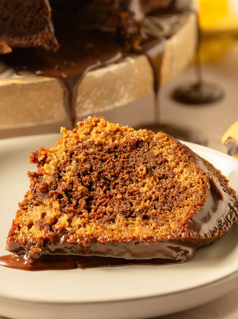 slice of chocolate banana marble bundt cake