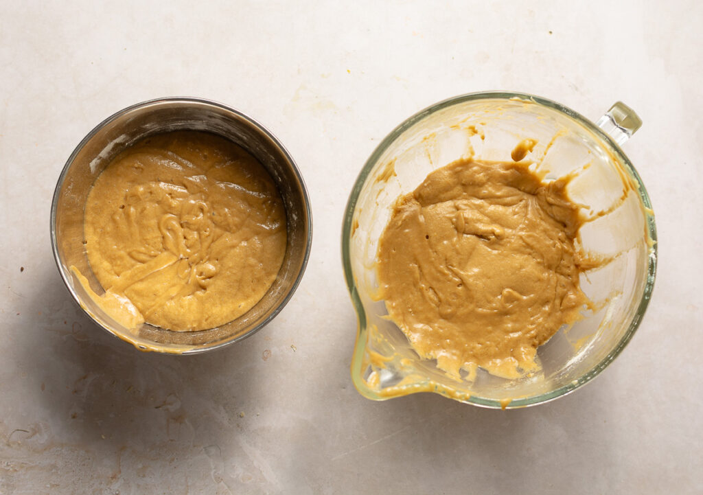 base sponge cake batter split in two separate bowls