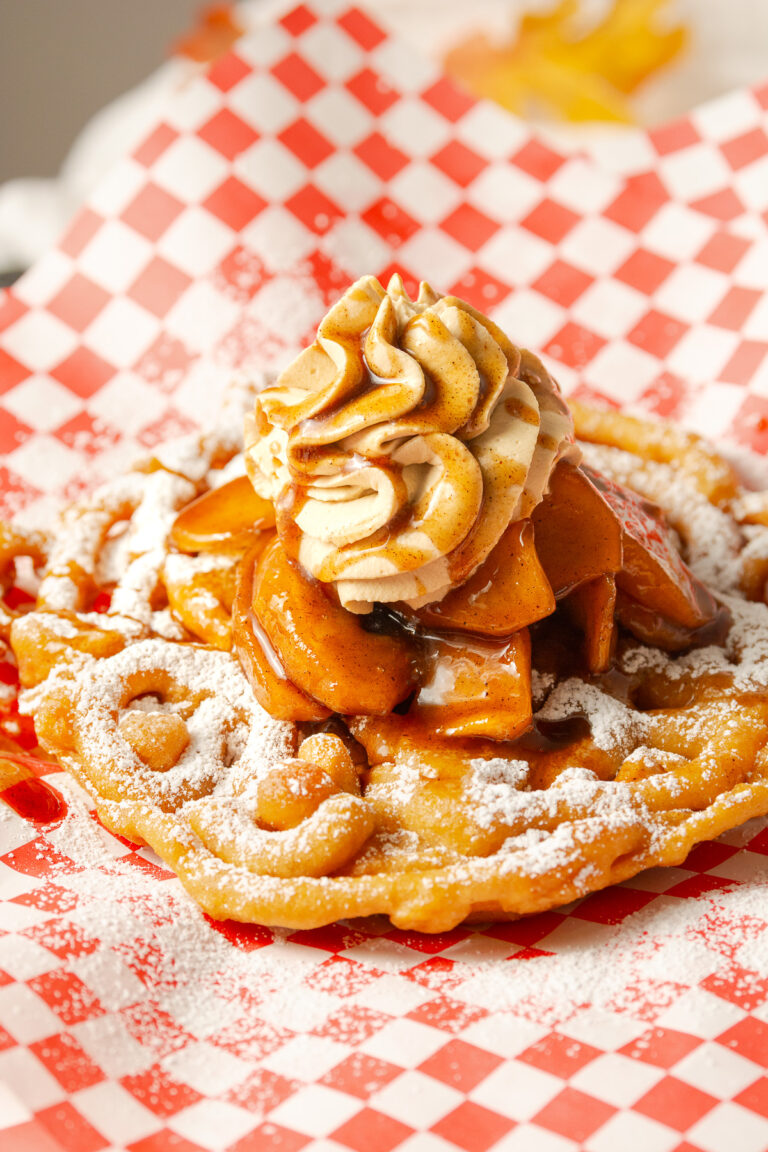 apple pie funnel cake with brown sugar whipped cream