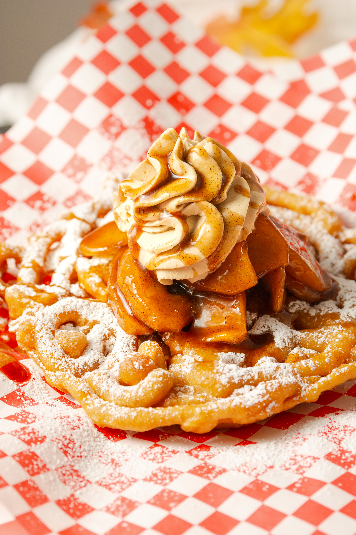 apple pie funnel cake with brown sugar whipped cream