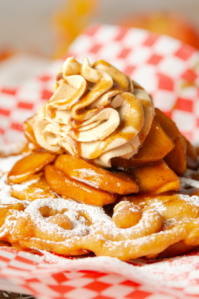 apple pie funnel cake with brown sugar whipped cream
