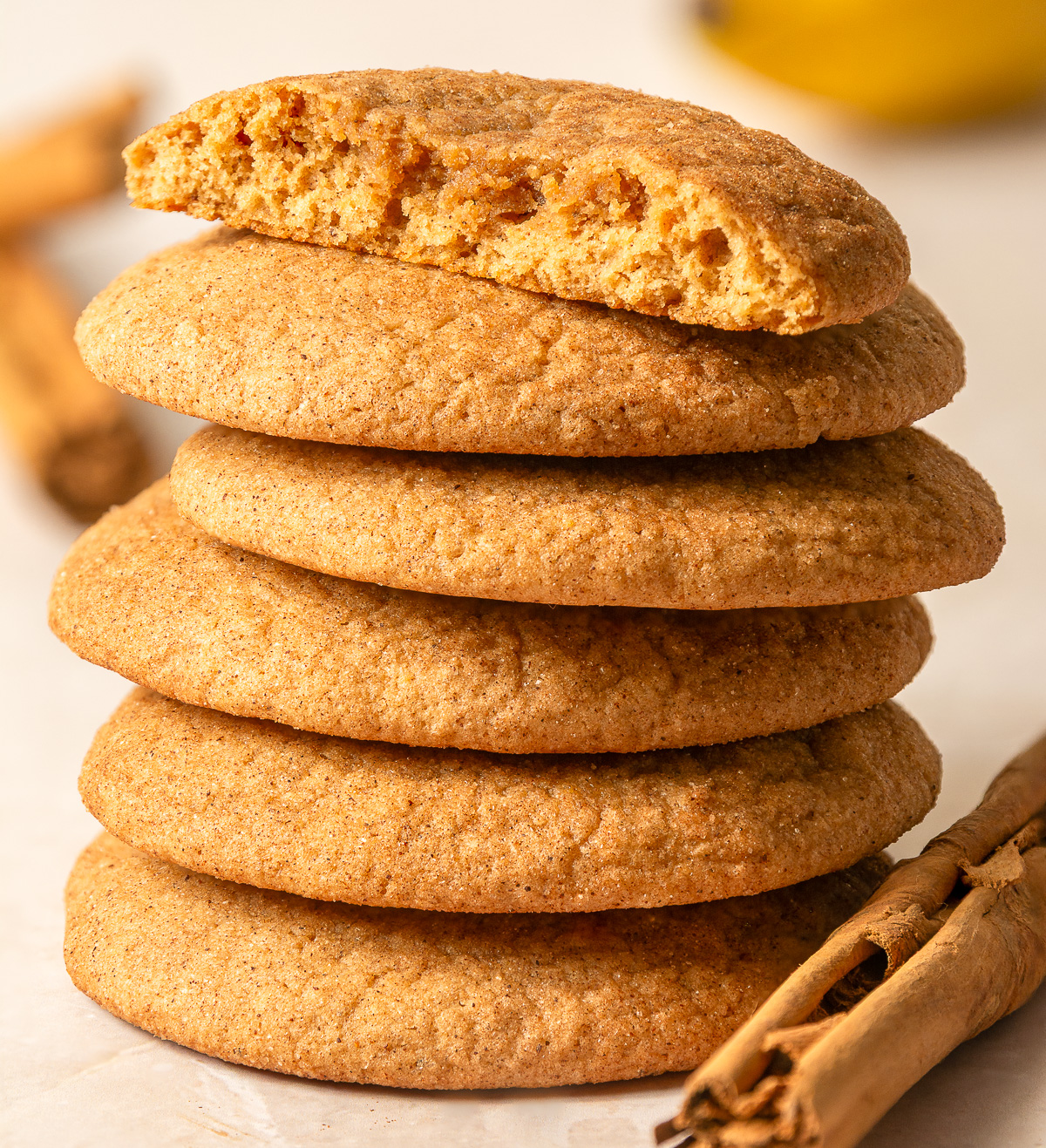 stack of brown butter banana snickerdoodle cookies