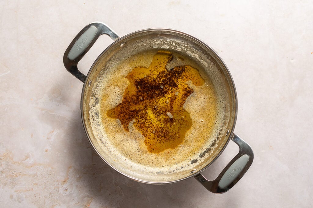 browned butter in a stainless steel pan