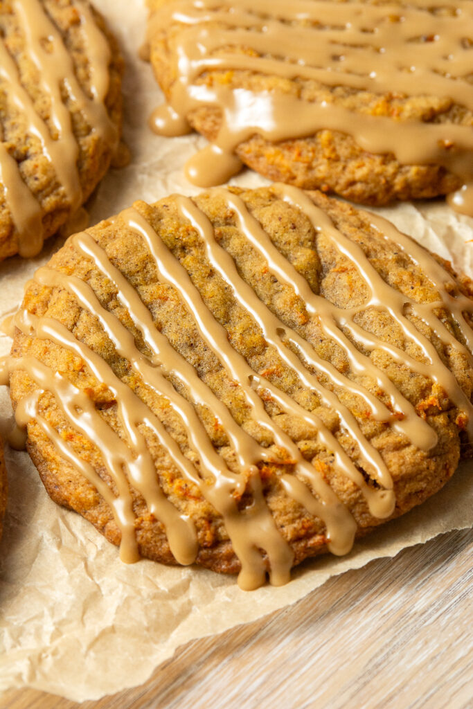 carrot cake cookies with brown sugar glaze drizzle