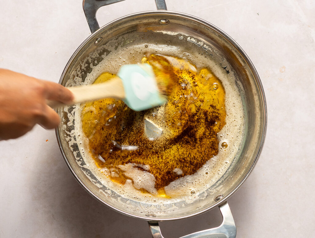 browned butter in a stainless steel pan