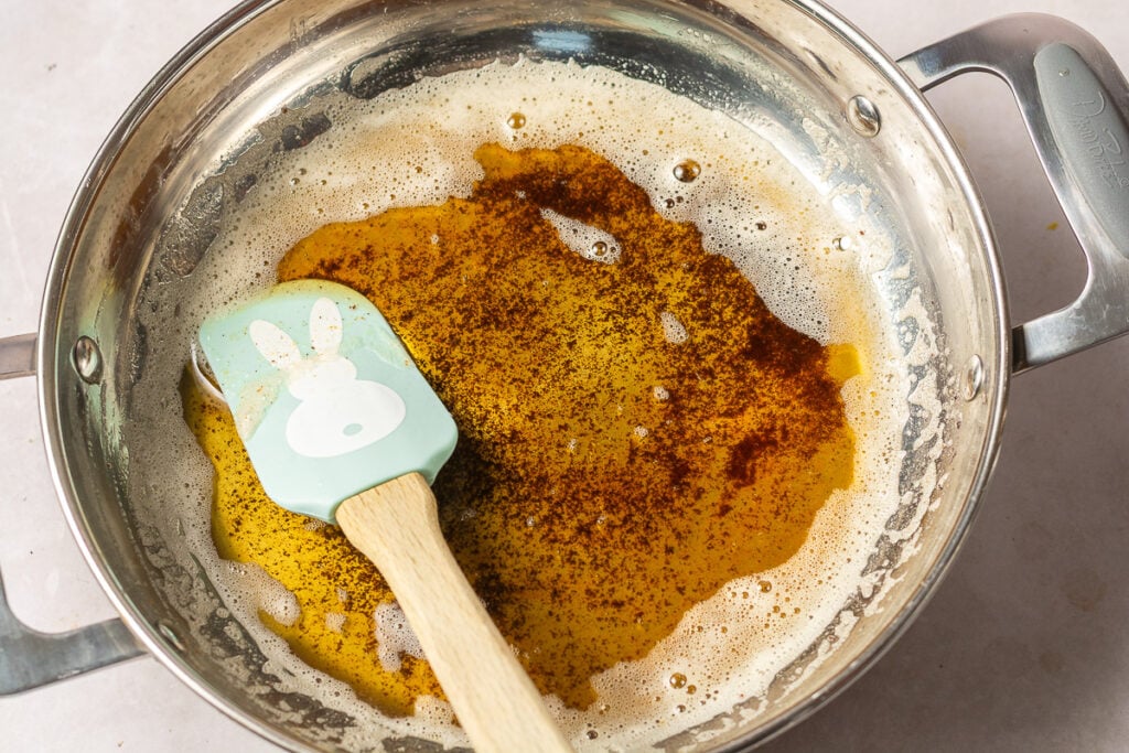 browned butter in a stainless steel pan