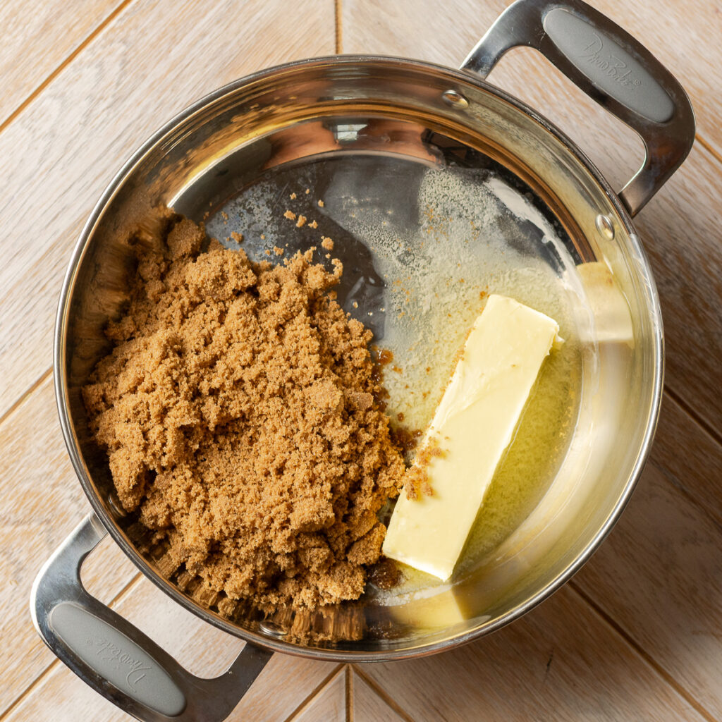 butter and dark brown sugar in a stainless pan