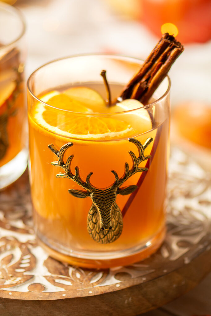 glass of mulled apple cider with an apple slice, orange slice and cinnamon stick