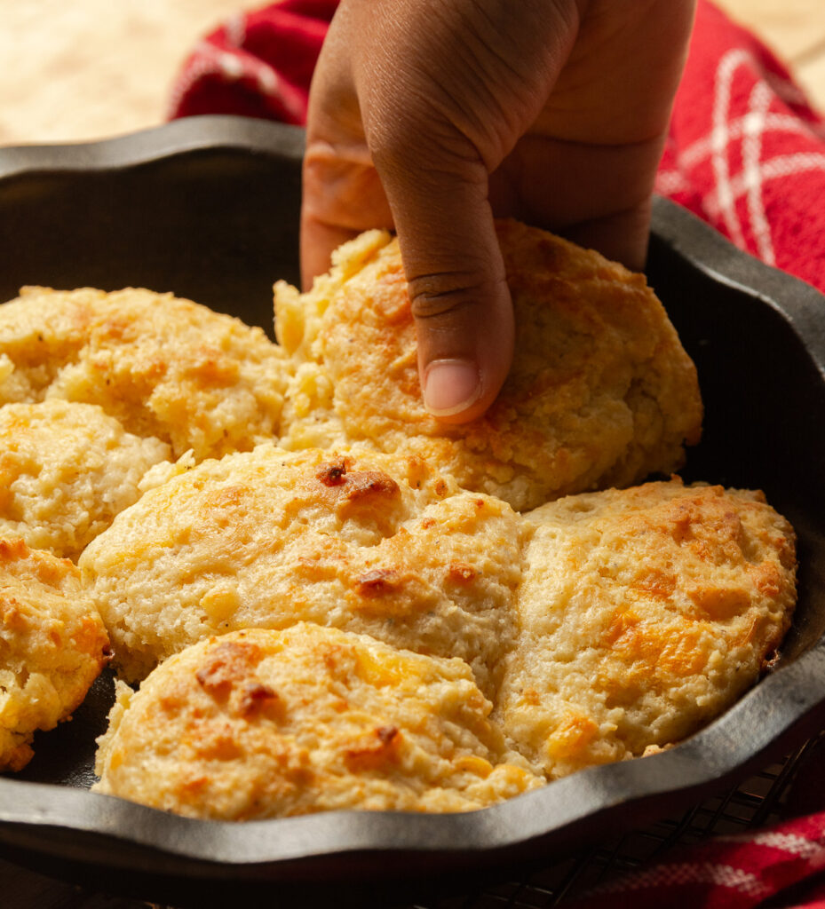 cheddar bay biscuits in a cast iron skillet