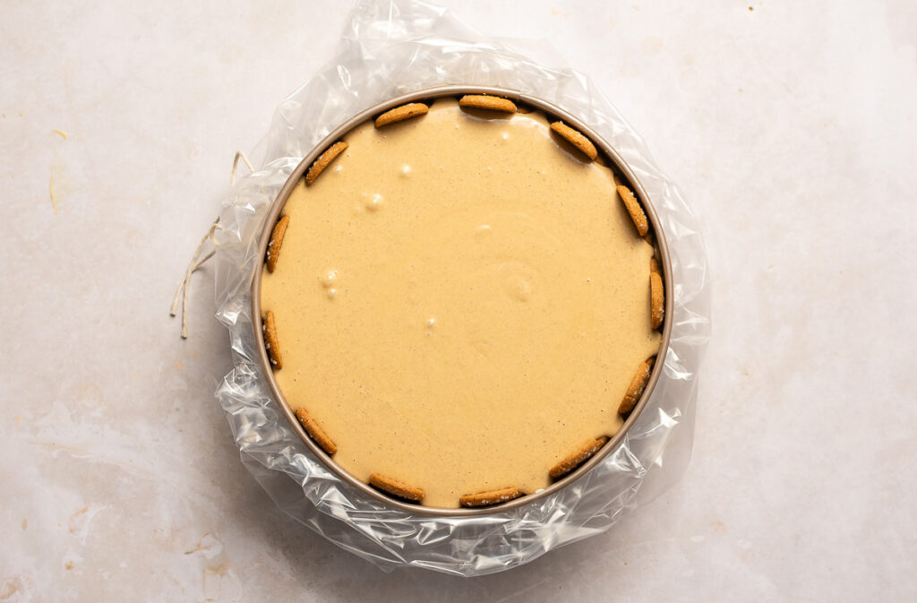 springform pan filled with cheesecake batter and placed in an oven bag for a water bath