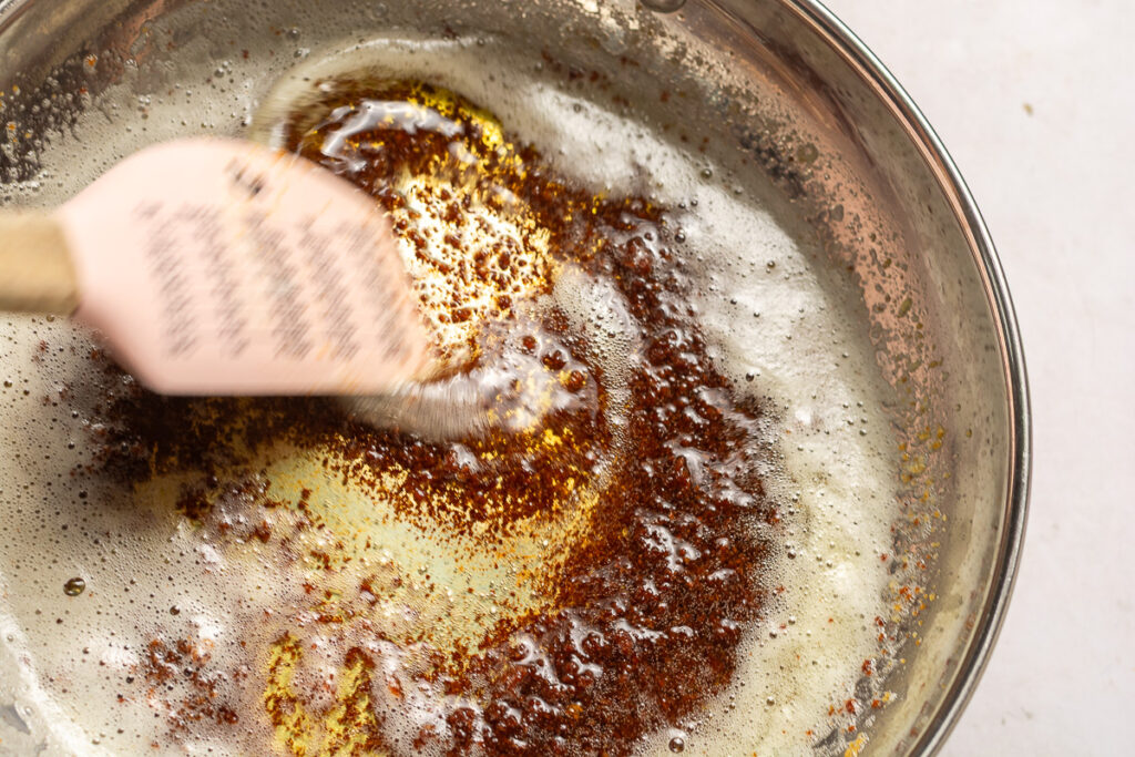 browned butter in a stainless pan
