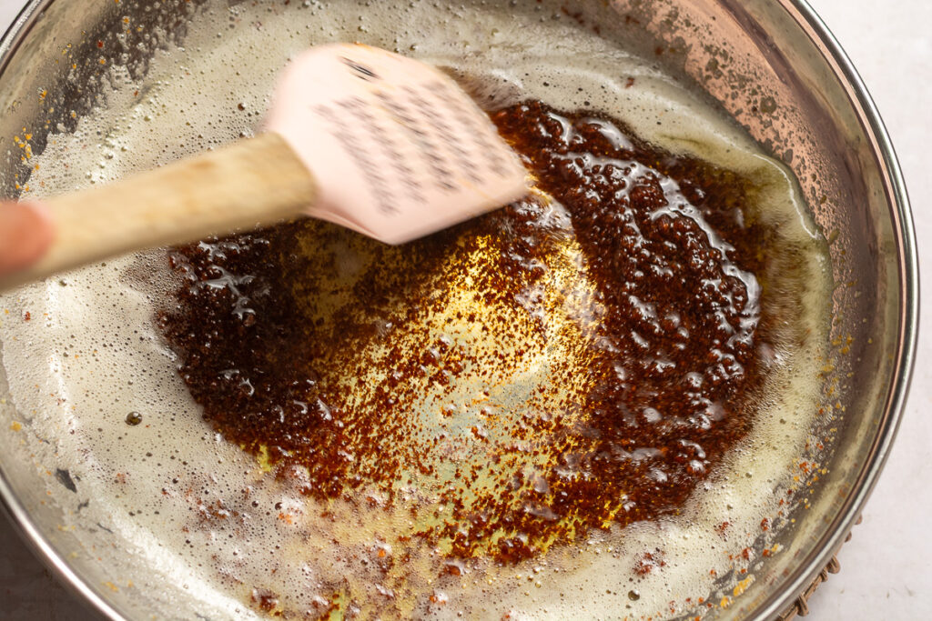 browned butter in a stainless steel pan