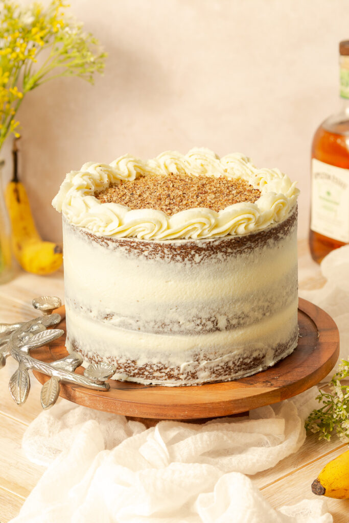 3-layer hummingbird cake on a cake stand