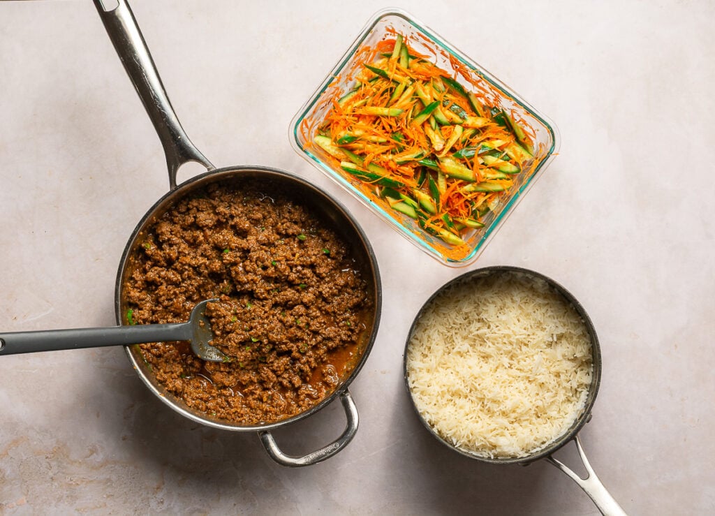 elements for soy ginger ground beef bowls - soy ginger ground beef, cucumber-carrot salad and white rice