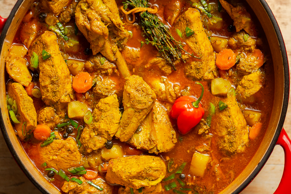 Jamaican curry chicken in a dutch oven