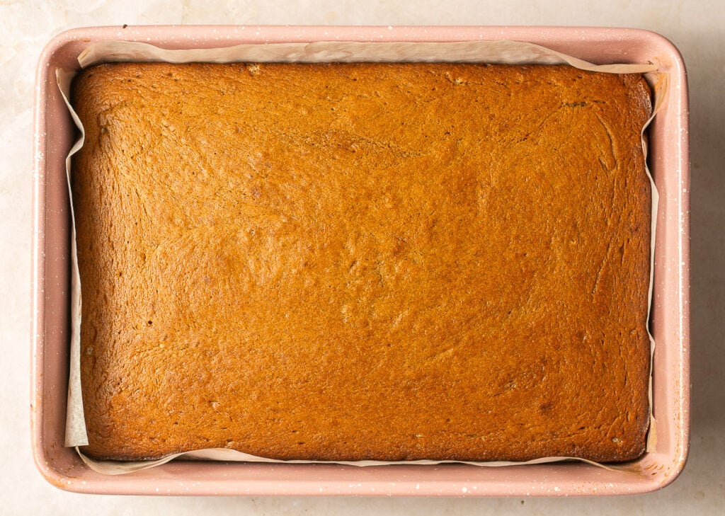 banana caramel sheet cake in a pan