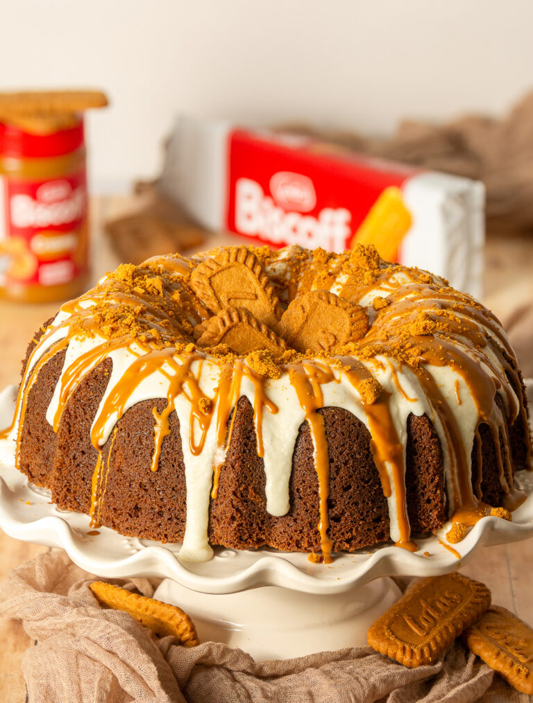 biscoff cookie butter bundt cake on a cake stand